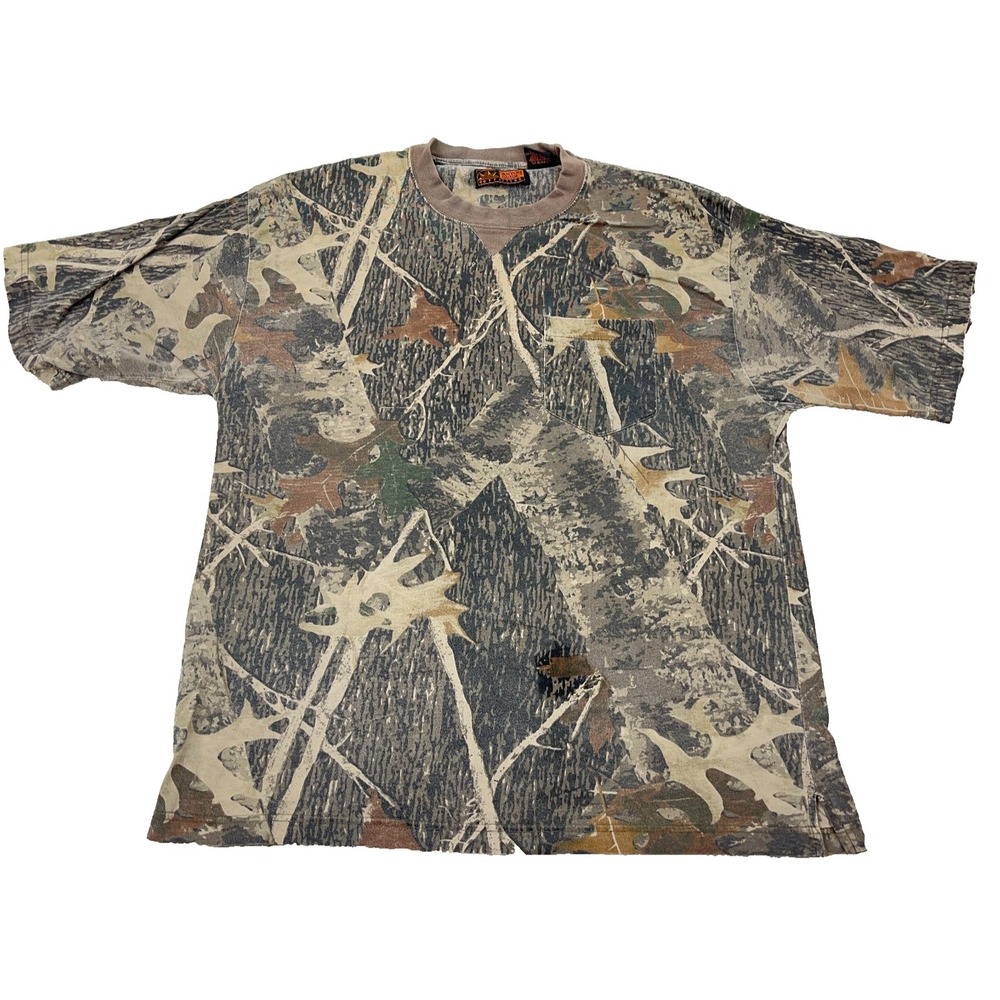 Vintage Y2K Camo Shirt Men XL Pocket Tee Hunting Skate 2000s Faded Woods Leafs